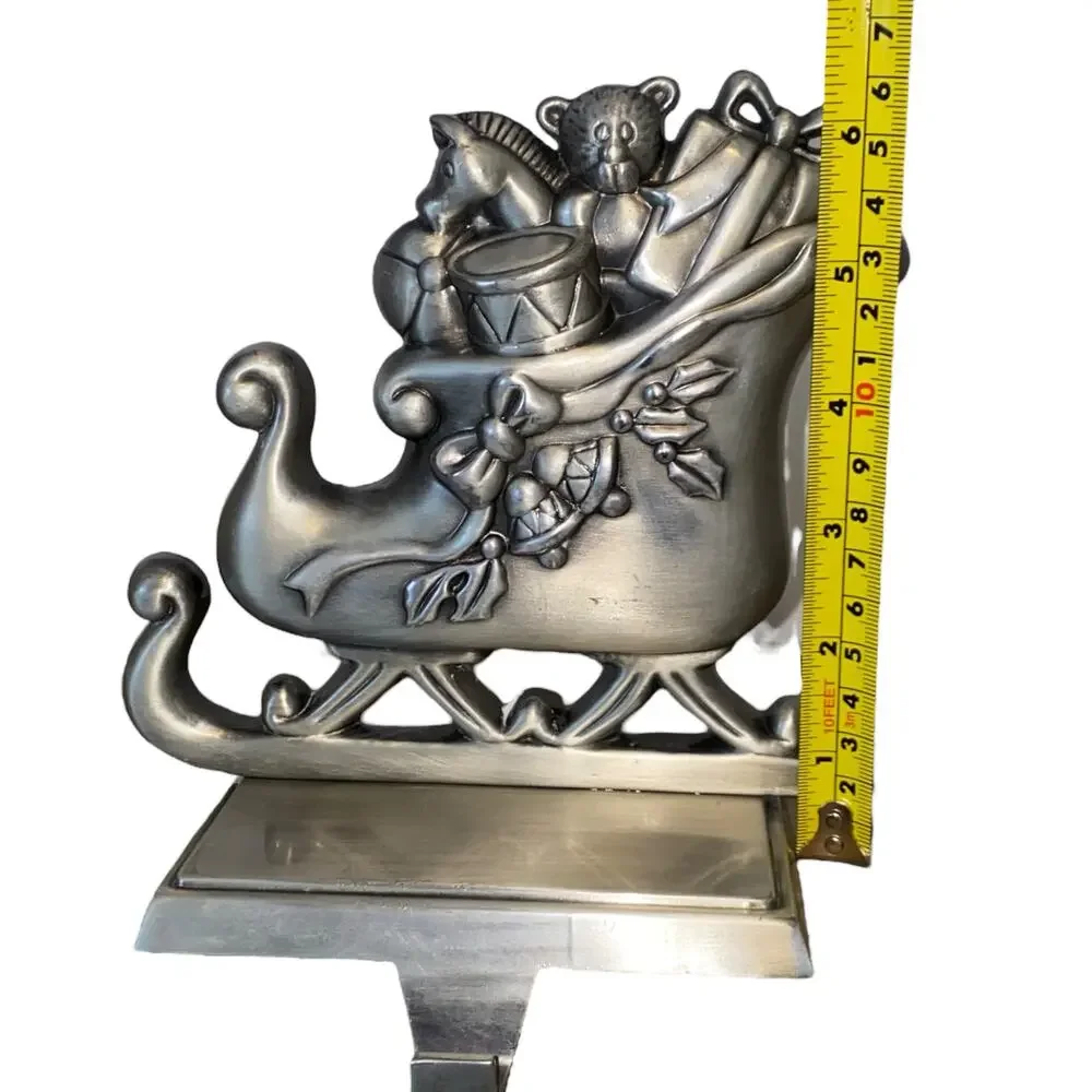 Set of 2 Santa's Sleigh Pewter Finish Christmas Stocking Hanger Hook Santa Claus